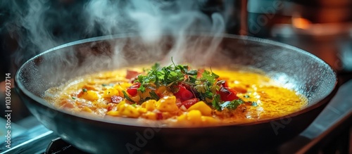 Steaming pan of food with red peppers, yellow cubes and green herbs.