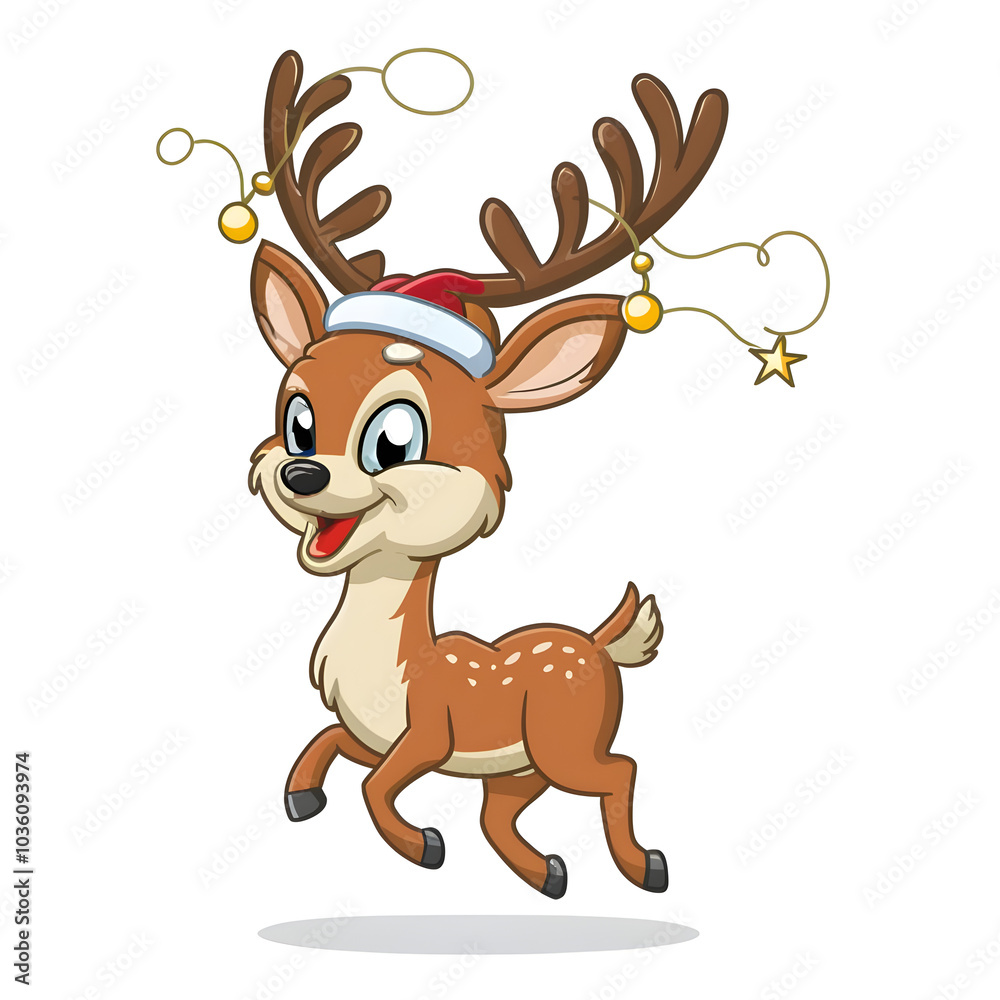 A delightful and cheerful cartoon deer, adorned with a festive Santa hat and a jingly reindeer antler A delightful and cheerful cartoon deer, adorned with a festive Santa hat and a jingly reindeer antler