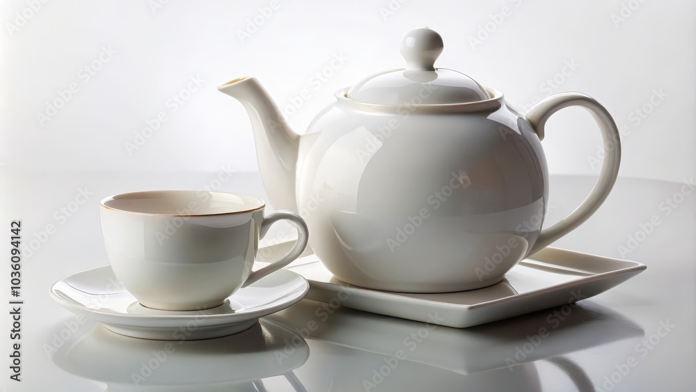 Classic white teapot and teacup are standing on a white table reflecting in the surface Classic white teapot and teacup are standing on a white table reflecting in the surface