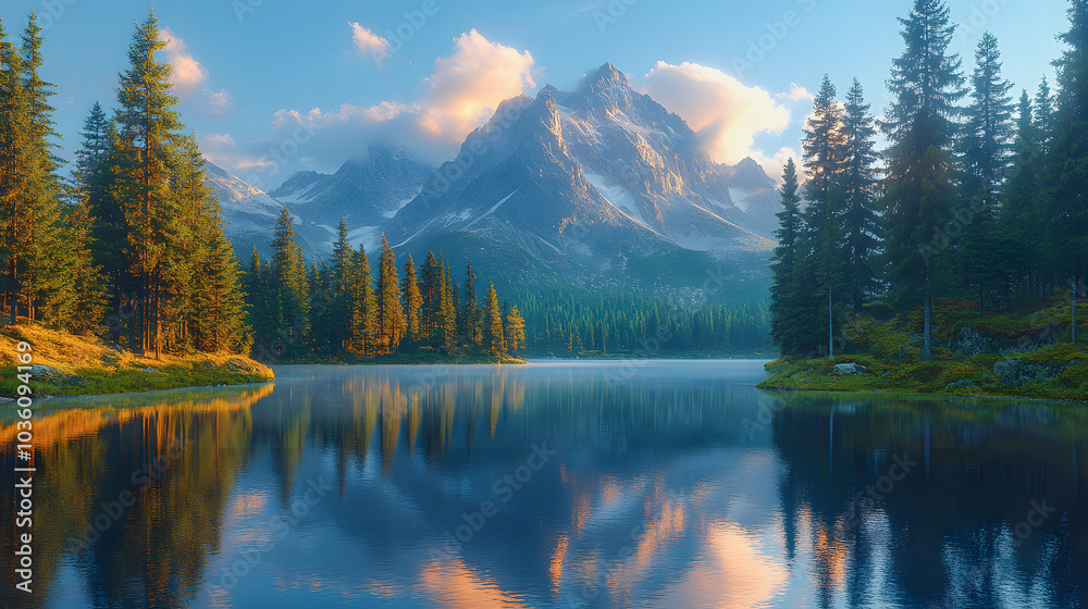 Fototapeta premium Tranquil mountain landscape during sunrise, reflecting on a calm lake with pine trees in the foreground, evoking peace and natural beauty