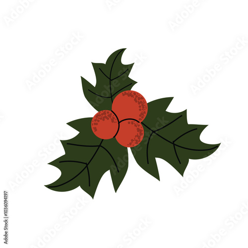 Red holly berries. Festive floral decor with winterberries, leaves. New Year ilex branch. Flat vector illustration isolated on white background.