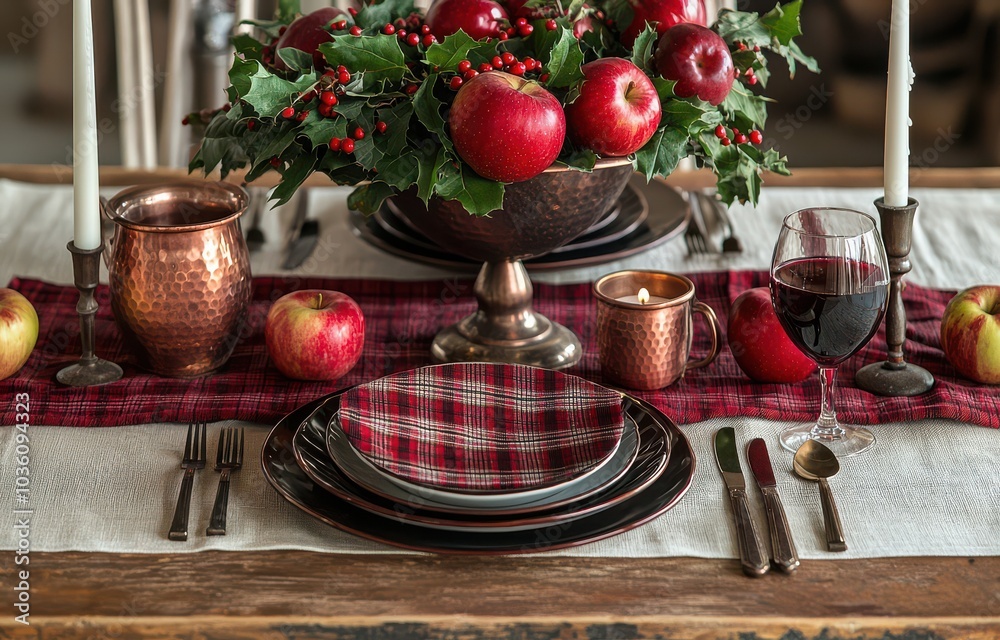 Elegant festive table setting with rich red and burgundy decorations, featuring apples, candles, and a plaid tablecloth for a warm holiday atmosphere Elegant festive table setting with rich red and burgundy decorations, featuring apples, candles, and a plaid tablecloth for a warm holiday atmosphere