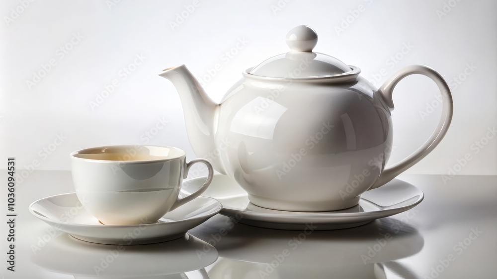 Classic white teapot and teacup are standing on a white table reflecting in the surface Classic white teapot and teacup are standing on a white table reflecting in the surface