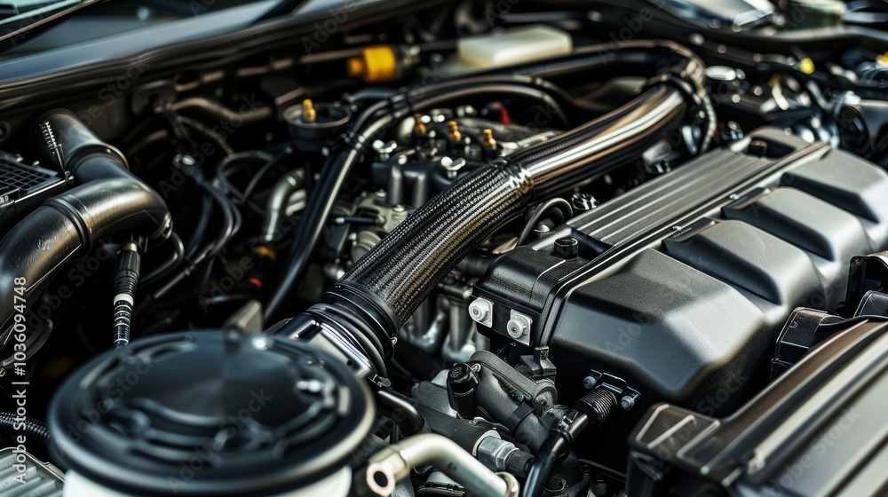A detailed view of a car's engine bay, with textures of metal and plastic components, Automotive setting with intricate details A detailed view of a car's engine bay, with textures of metal and plastic components, Automotive setting with intricate details