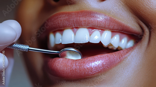 close up of smiling person with healthy teeth during dental check up, showing dental mirror. image highlights oral health and hygiene