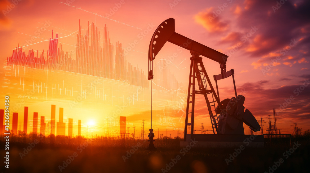 A silhouette of an oil pump against a sunset sky, with financial graphs rising, showing how the energy market is growing. A silhouette of an oil pump against a sunset sky, with financial graphs rising, showing how the energy market is growing.