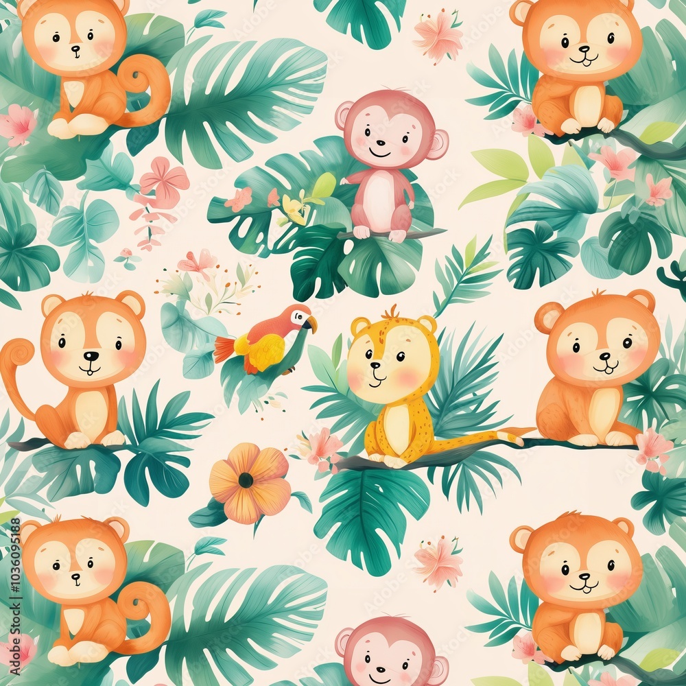 Naklejka premium Seamless pattern Whimsical Jungle Scene Featuring Colorful Animals Amidst Lush Tropical Plants Perfect for Children's Decor, Educational Materials, and Nature-Themed Projects