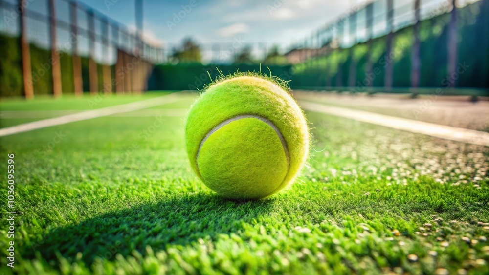 Bright yellow tennis ball is resting on a green tennis court on a sunny day Bright yellow tennis ball is resting on a green tennis court on a sunny day