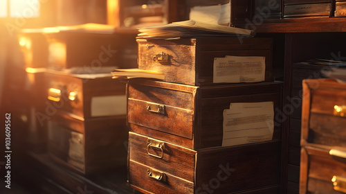 An Artistic Closeup of Vintage File Storage Crates Filled with Aged Paperwork in a Cozy Setting