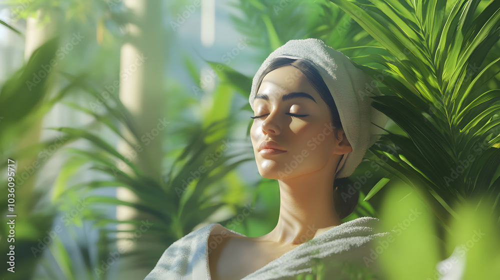 A Serene Spa Experience: A Woman Enjoying a Rejuvenating Facial Treatment Surrounded by Nature's Calmness A Serene Spa Experience: A Woman Enjoying a Rejuvenating Facial Treatment Surrounded by Nature's Calmness