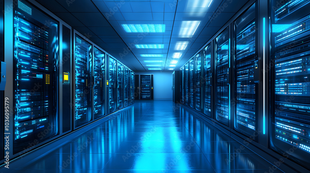 Fototapeta premium Futuristic High-Tech Server Room Showcasing Modern Networking Technology in a Sleek Design with LED Illumination