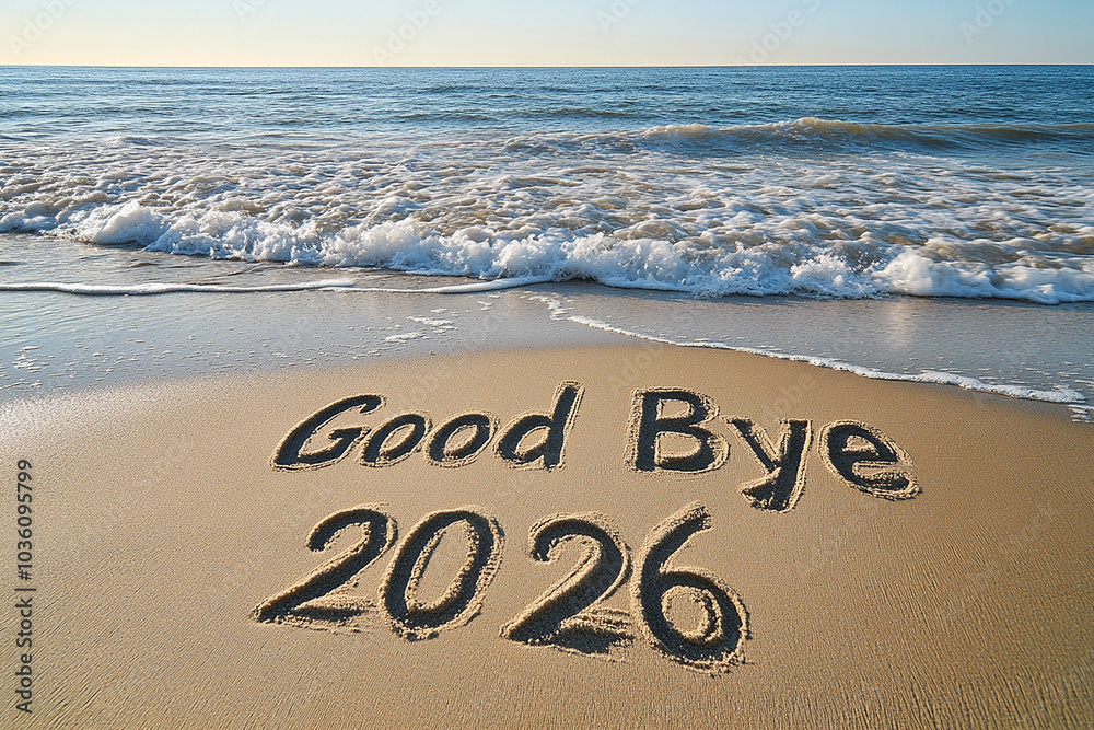 Fototapeta premium Good bye 2026 written on sand with ocean waves New Year concept happy new year generated.AI