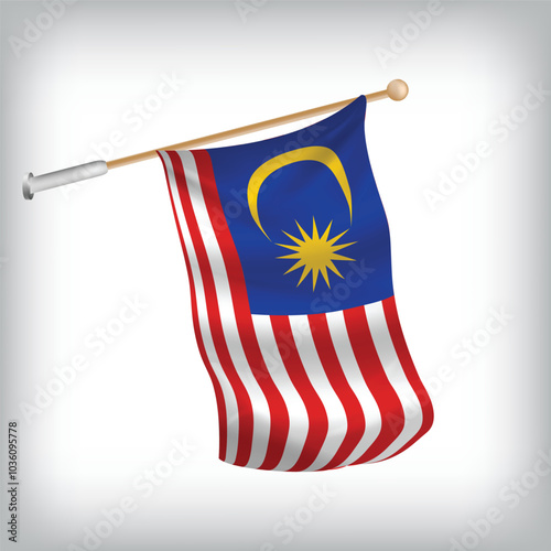 Realistic illustration of Malaysia flags waving on the wall. The set is in the flag collection