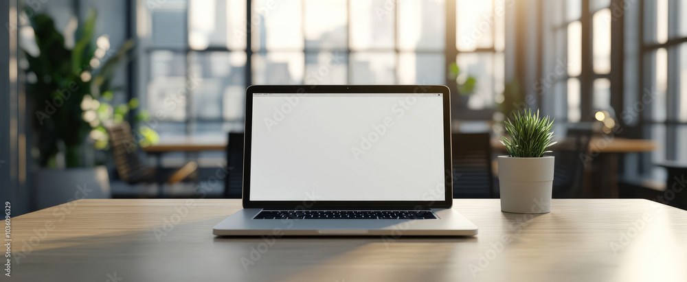 sleek open laptop sits on wooden desk in modern office with large windows, creating bright and professional atmosphere. small potted plant adds touch of nature sleek open laptop sits on wooden desk in modern office with large windows, creating bright and professional atmosphere. small potted plant adds touch of nature