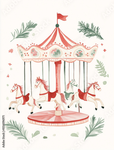 Wallpaper Mural This simple flat illustration of a whimsical carousel with red and green horses captures the playful charm of the holiday season. Perfect for postcard, poster etc Torontodigital.ca