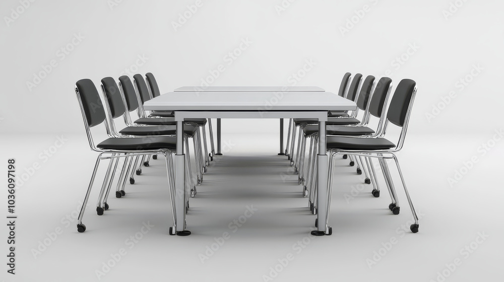 Fototapeta premium modern meeting room setup with sleek tables and chairs arranged symmetrically, creating professional and organized atmosphere. minimalist design emphasizes functionality