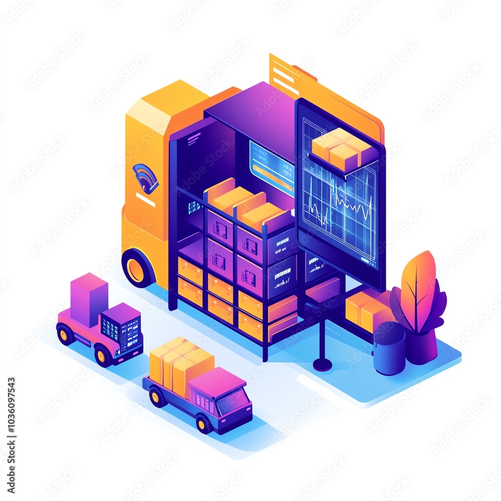 Obraz premium A colorful, modern illustration of delivery trucks and a storage unit displaying digital information about logistics.
