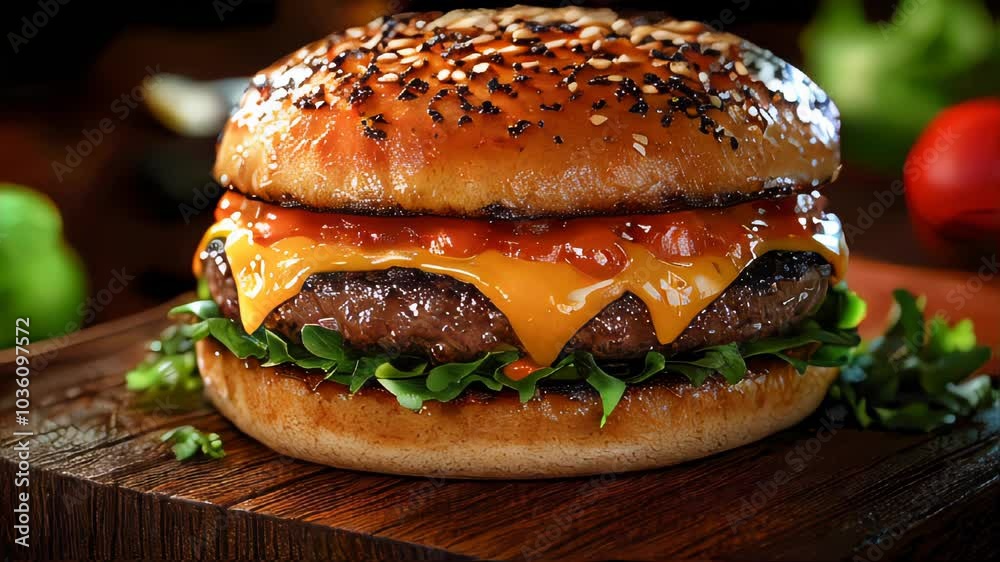 A juicy burger with cheddar, fresh tomatoes, onions, and lettuce served in a sesame-seed bun, offering a perfect balance of flavors A juicy burger with cheddar, fresh tomatoes, onions, and lettuce served in a sesame-seed bun, offering a perfect balance of flavors