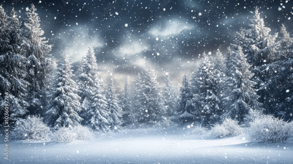 A snowy forest scene with a dark sky and heavy snowfall. It's a winter wonderland with plenty of space for adding text or images. A snowy forest scene with a dark sky and heavy snowfall. It's a winter wonderland with plenty of space for adding text or images.