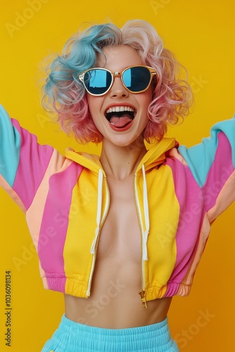 Cheerful young woman with colorful hair and sunglasses celebrating against a ...