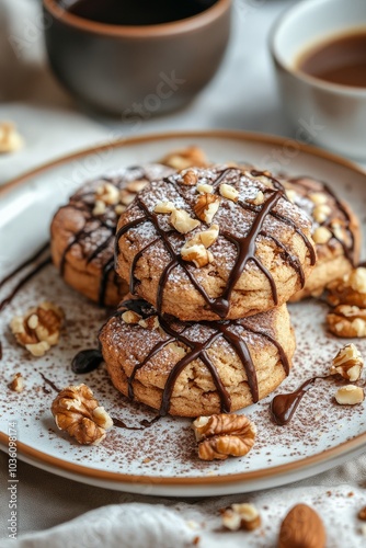 Delicious homemade cookie topped with chocolate drizzle and nuts ready to be ...
