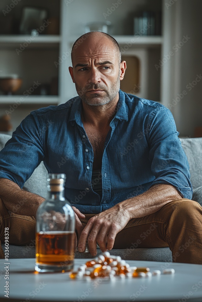 A man sits in a cozy living room, reflecting quietly while sipping whiskey in the evening light A man sits in a cozy living room, reflecting quietly while sipping whiskey in the evening light