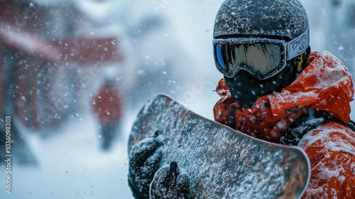 Snowboarder in winter gear enjoys a snowy day on the mountain with fresh powd...