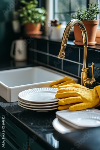 A person wearing yellow gloves washing dishes at a kitchen sink with green pl...