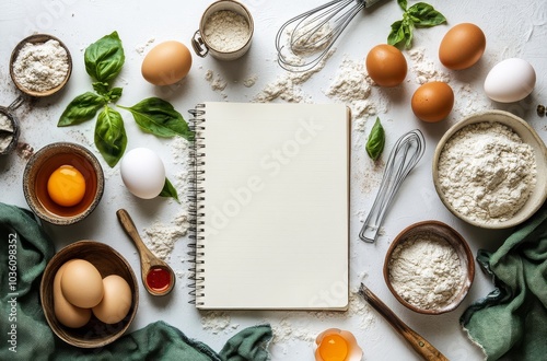 Baking prep with eggs and flour on a rustic table, featuring a blank notebook...