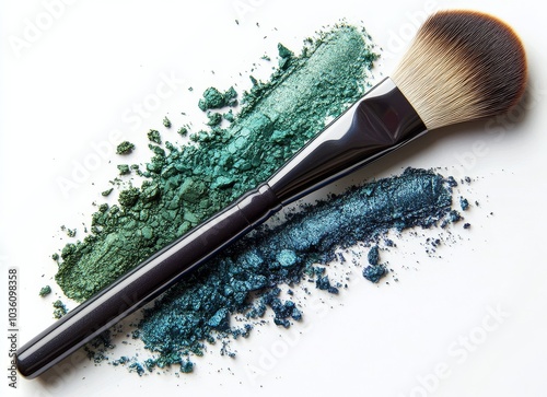 Vibrant green and blue eyeshadow powders with a brush on a white background