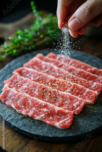 Preparing delicious thinly sliced beef with seasoning on a slate plate in a c...
