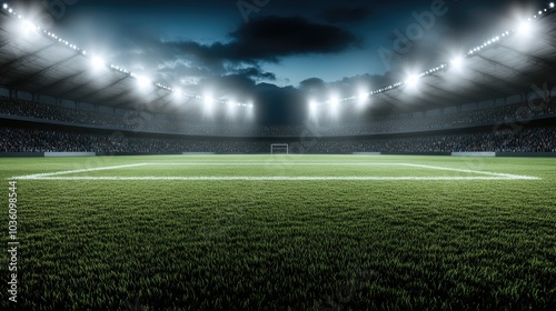The atmosphere is electric as fans fill the stadium, enjoying an exciting soccer match. The lush green field is illuminated by bright lights, creating a vibrant scene at night