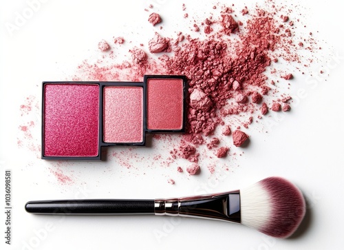 Colorful blush powders and a makeup brush arranged artistically on a white ba...