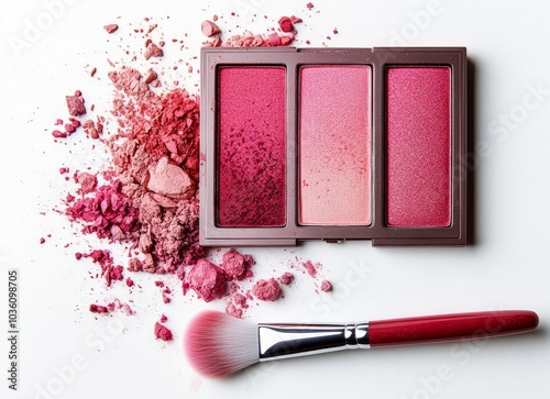 Colorful blush powders and a makeup brush arranged artistically on a white ba...
