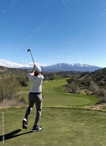 A golfer swings at a beautiful mountain golf course under clear blue skies