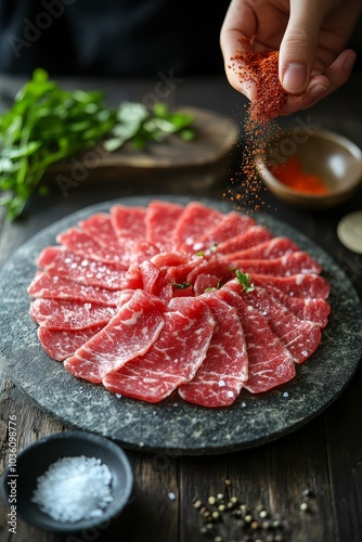 Preparing delicious thinly sliced beef with seasoning on a slate plate in a c...