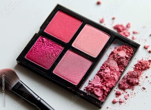 Colorful blush powders and a makeup brush arranged artistically on a white ba...