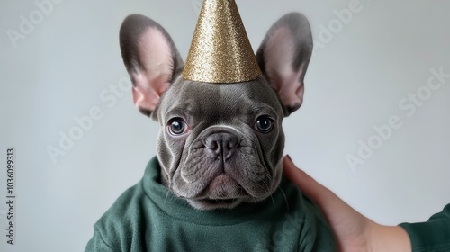 Cute French Bulldog wearing a party hat celebrates a birthday indoors with fa...