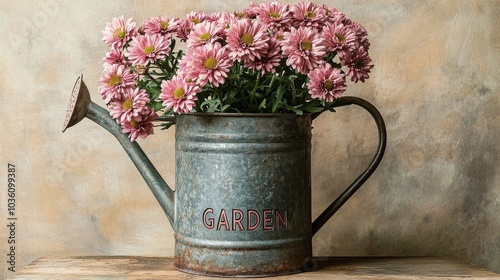 A vintage watering can filled with vibrant pink daisies in a rustic garden se...