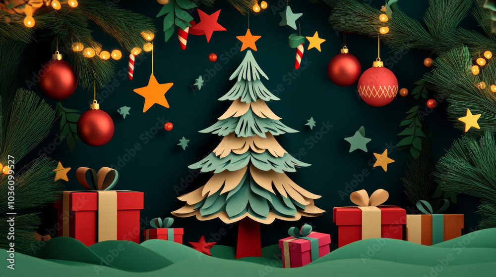 A stylish Christmas design featuring a paper cut-out style Christmas tree, ornaments, stars, gifts, pine branches, and lights. Perfect for creating festive cards, posters, or banners.