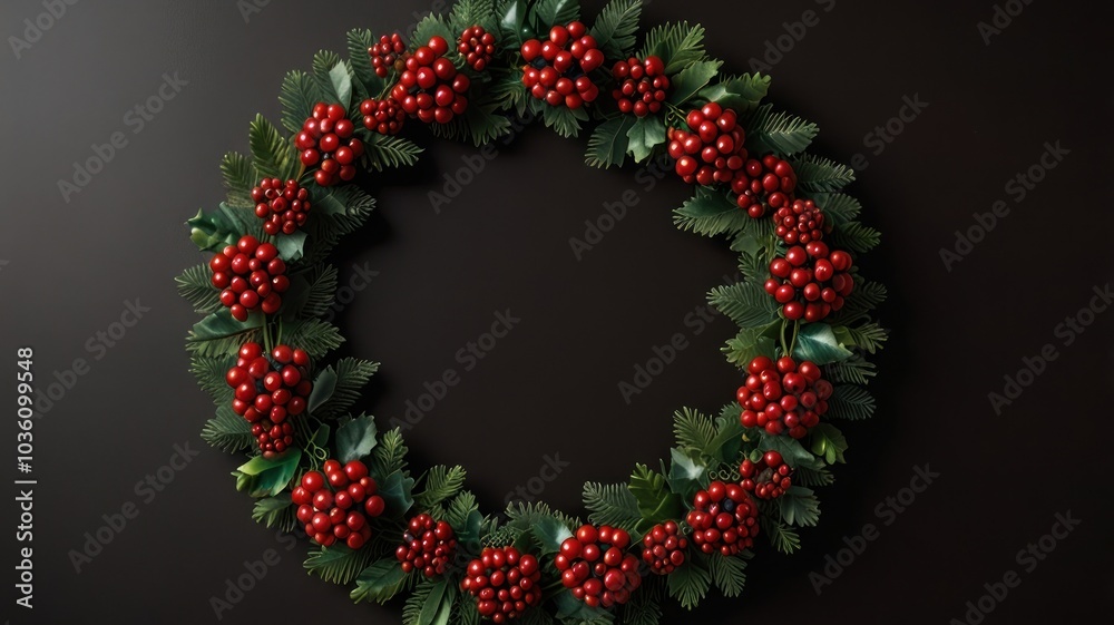 A Christmas wreath made of green leaves and red berries on a dark background. A Christmas wreath made of green leaves and red berries on a dark background.
