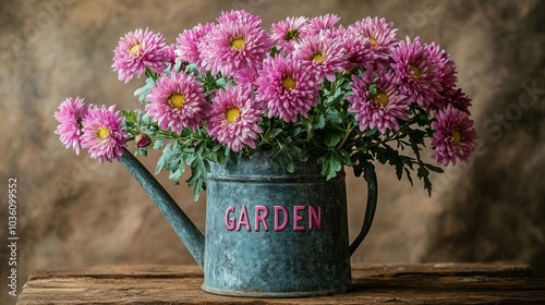 A vintage watering can filled with vibrant pink daisies in a rustic garden se...
