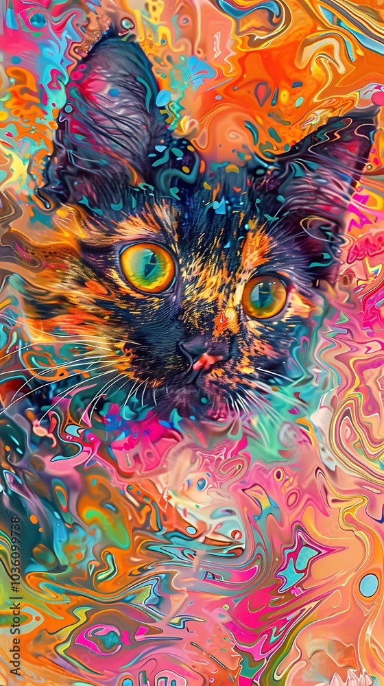 A painting with bright colors and sharp lines of a cat AI generated