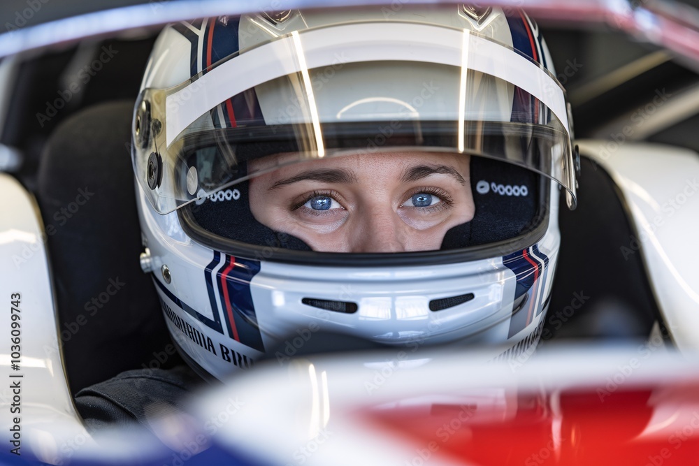 Race Car Driver: Determined Gaze: A close-up portrait of a female race car driver, her eyes locked on the track ahead. Her helmet reflects the intensity of her focus. Race Car Driver: Determined Gaze: A close-up portrait of a female race car driver, her eyes locked on the track ahead. Her helmet reflects the intensity of her focus.