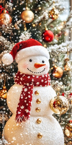 Snowman wearing santa hat and scarf holding christmas ornament