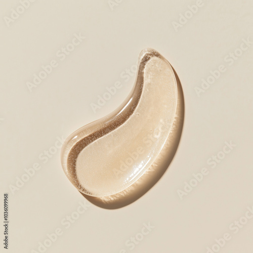 Beige transparent shower gel swatch with tiny bubbles on a light background. Nourishing facial serum, cleanser or shampoo texture.