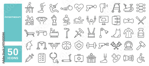 Set of 50 line icons related to physiotherapy, physical, training, exercise, body, chiropractic, rehabilitation, prosthetic, Editable stroke. Vector illustration