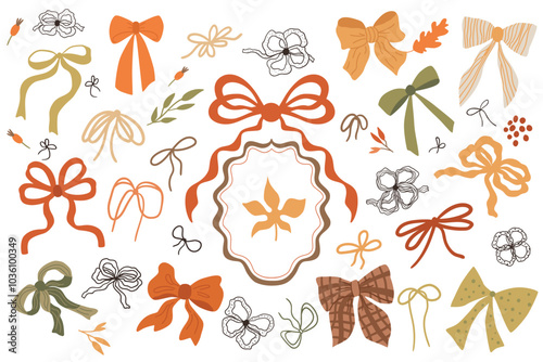 Cute bow knots and ribbons set. Hand drawn gift ribbons element isolated on white. Vector hair accessories collection in red, green, yellow colors. Preppy coquette illustration. Females decor.
