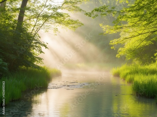 Serene Forest Stream with Gentle Sunlight.