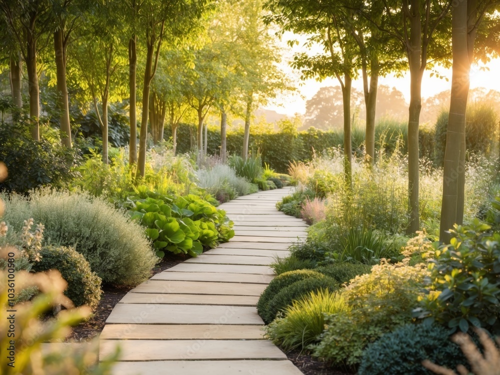 Obraz premium Idyllic Garden Path Tranquil Stone Walkway Amidst Lush Greenery in Warm Evening Light.